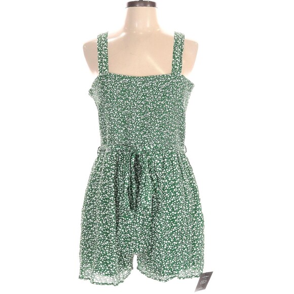 Lulus Floral Smocked Romper Size XL Darling Option Green Sleeveless Pockets NEW - Picture 2 of 9